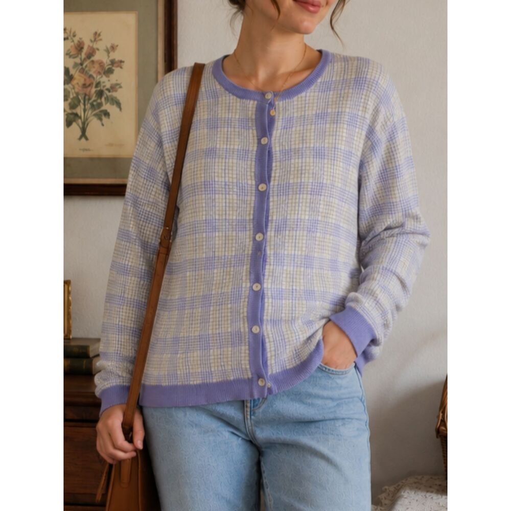 Vintage Bleyle Silk Cotton Plaid Cardigan Sweater Lavender White Size Large
